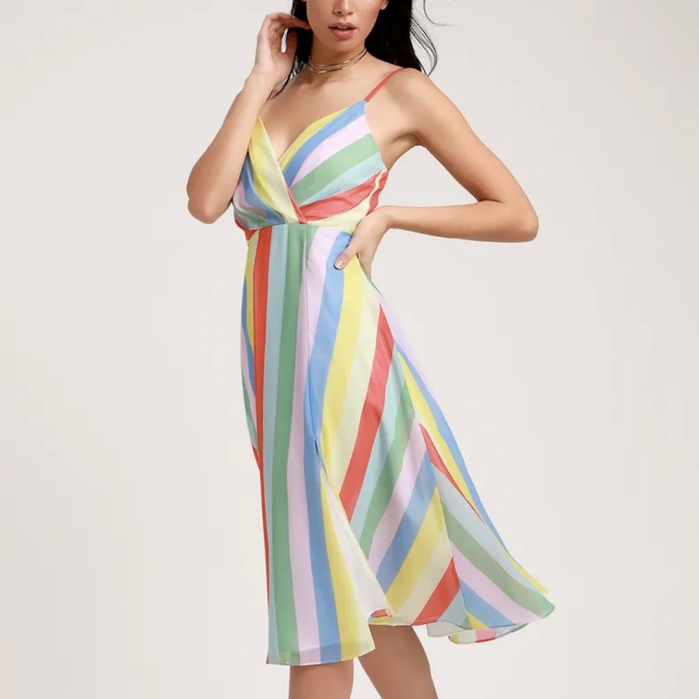 Lulu's Rainbow Striped Sleeveless Midi Dress